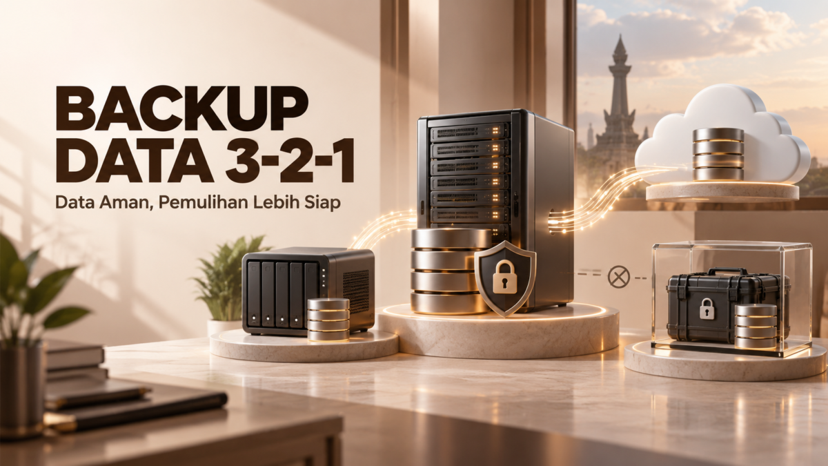 Strategi backup data perusahaan 3-2-1 dengan server utama, penyimpanan terpisah, dan backup off-site.