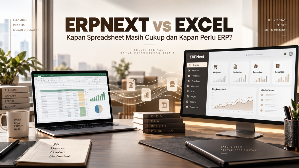 Perbandingan penggunaan spreadsheet dan ERPNext untuk mengelola proses bisnis dan data perusahaan.